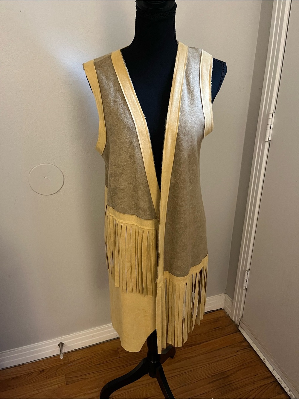 Vocal Color Block Faux Mustard Suede Open Front Midi Vest One Size
